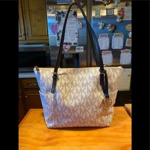 Michael Kors White Blue Dotted Monogram Canvas Coated Leather Tote Shoul…